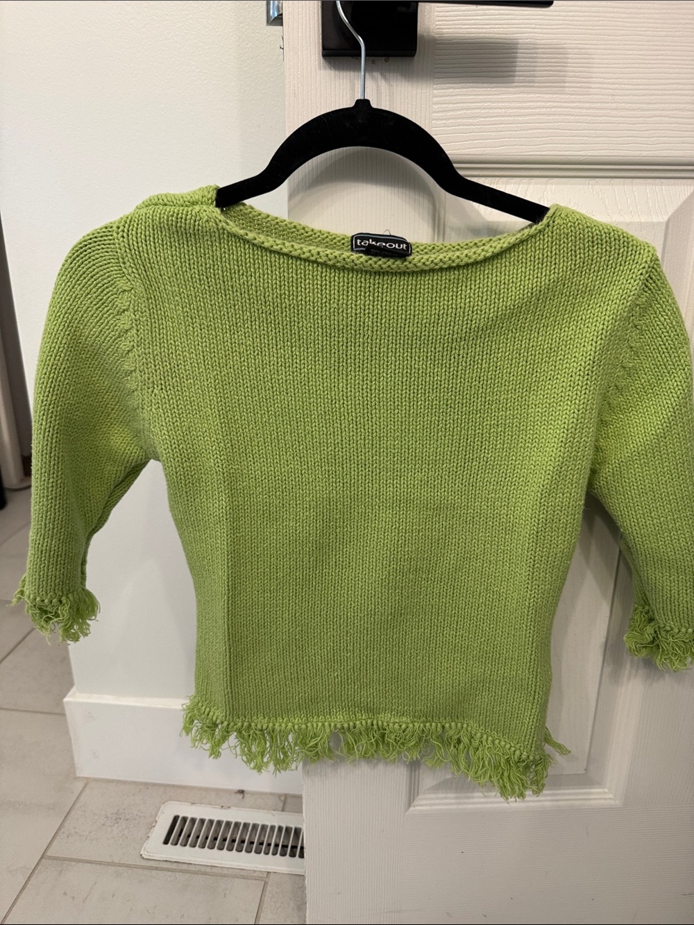 take out Lime Green Off-the-Shoulder Fringe Sweater